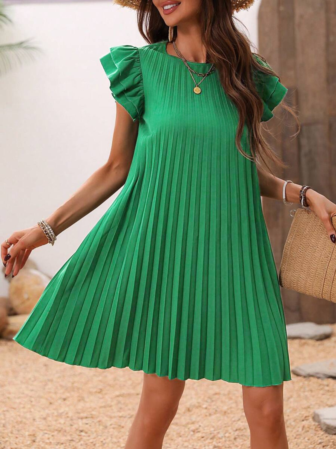 Pleated Round Neck Cap Sleeve Mini Dress Trendsi