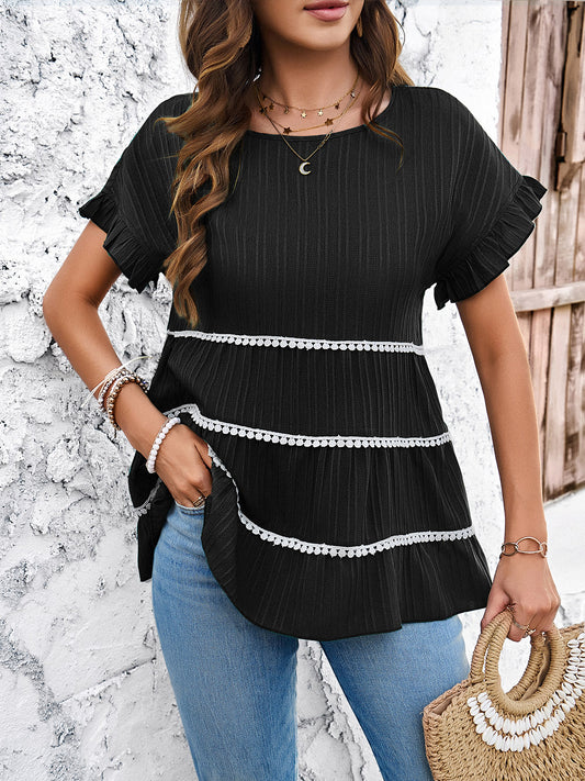 Round Neck Flounce Sleeve Blouse - Flyclothing LLC