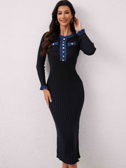 Contrast Trim Round Neck Long Sleeve Sweater Dress - Trendsi