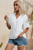 Embroidered Notched Half Sleeve Blouse - Flyclothing LLC