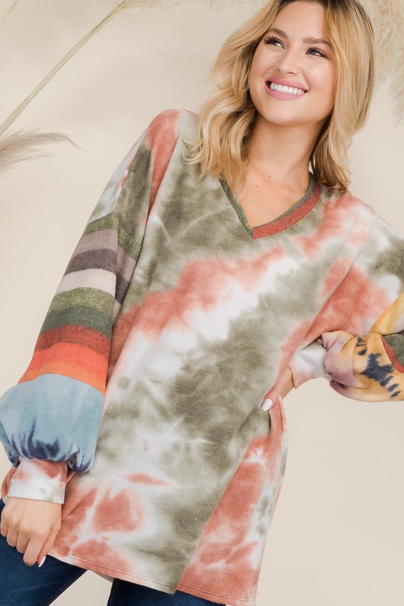 Celeste Full Size Tie-Dye Contrast Striped V-Neck Long Sleeve Blouse - Trendsi