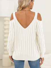 Cable-Knit V-Neck Long Sleeve Sweater - Trendsi