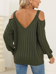 Cable-Knit V-Neck Long Sleeve Sweater - Trendsi