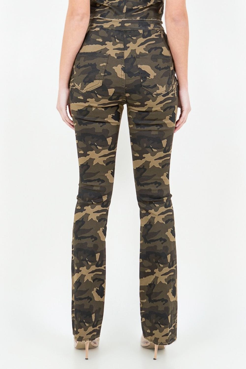 American Bazi V-Cut Ruched Camo Flare Pants - Trendsi