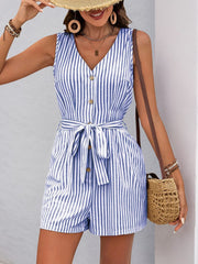 Perfee Striped V-Neck Tie Waist Romper - Trendsi