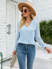 Lace V-Neck Flounce Sleeve Blouse - Flyclothing LLC