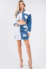 American Bazi Contrast Patched Frayed Denim Distressed Skirts - Trendsi