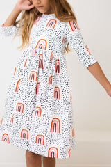 Peach Rainbow 3/4 Sleeve Pocket Twirl Dress