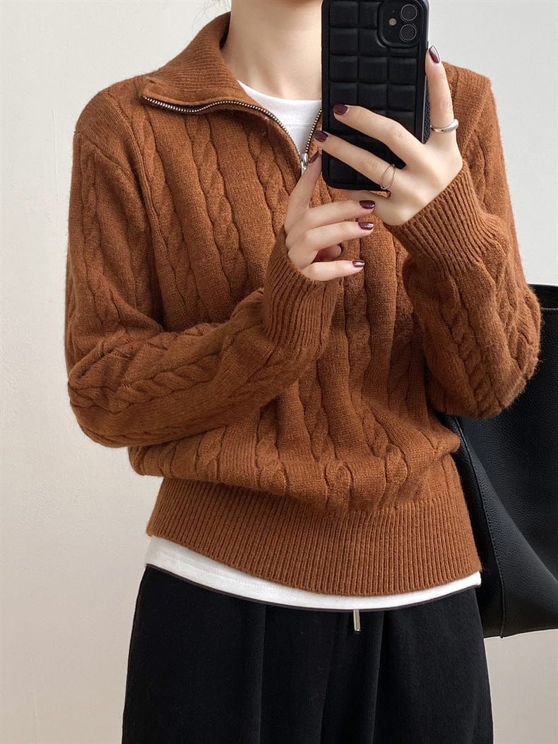 Cable-Knit Half Zip Long Sleeve Sweater - Trendsi