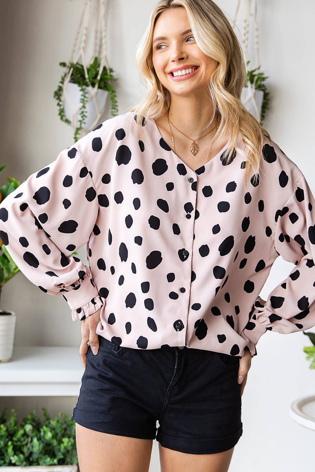 Printed Button Up Flounce Sleeve Shirt - Flyclothing LLC