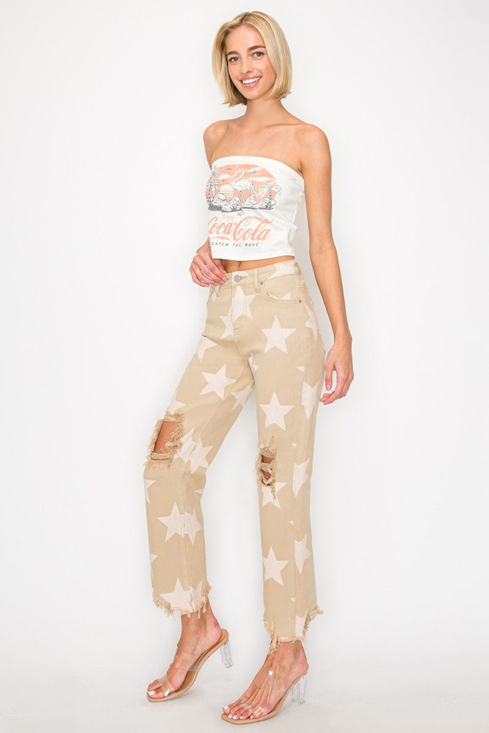 RISEN Full Size High Rise Star Printed Frayed Hem Jeans - Trendsi