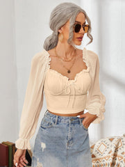 Mesh Sweetheart Neck Flounce Sleeve Top - Trendsi