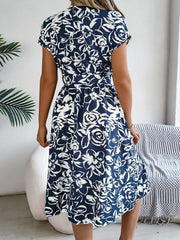 Printed V-Neck Short Sleeve Dress Trendsi