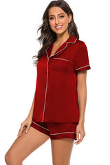 Printed Button Up Short Sleeve Top and Shorts Lounge Set - Flyclothing LLC