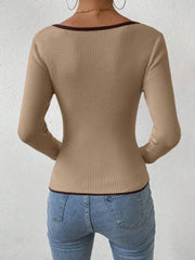 Contrast Trim Long Sleeve Knit Top - Trendsi