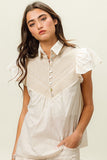 BiBi Half Button Collared Neck Short Sleeve Top Trendsi