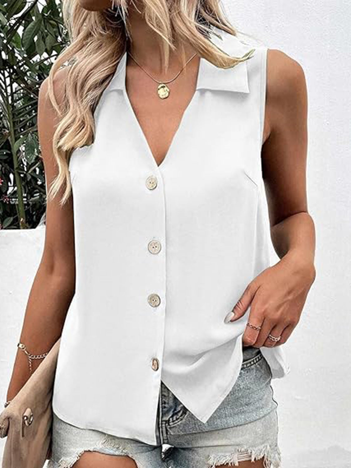 Full Size Johnny Collar Button Up Tank Trendsi