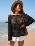 Openwork Slit Boat Neck Long Sleeve Cover-Up - Flyclothing LLC