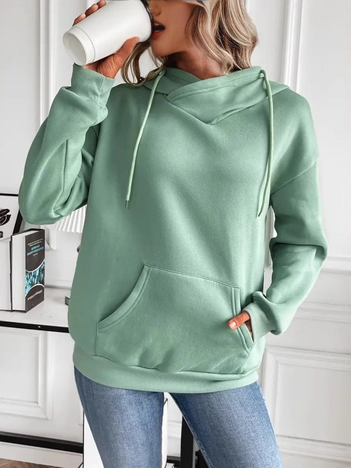 Drawstring Long Sleeve Hoodie with Kangaroo Pocket - Trendsi