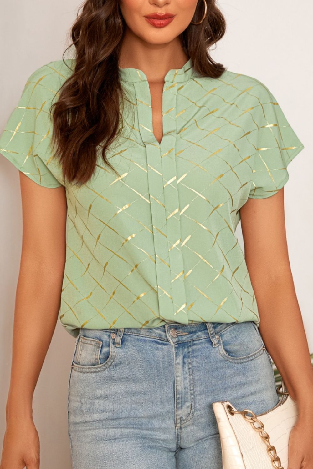 Printed Notched Short Sleeve Blouse - Flyclothing LLC