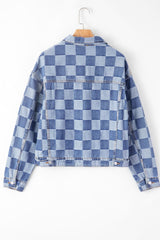 Checkered Button Up Denim Jacket - Trendsi