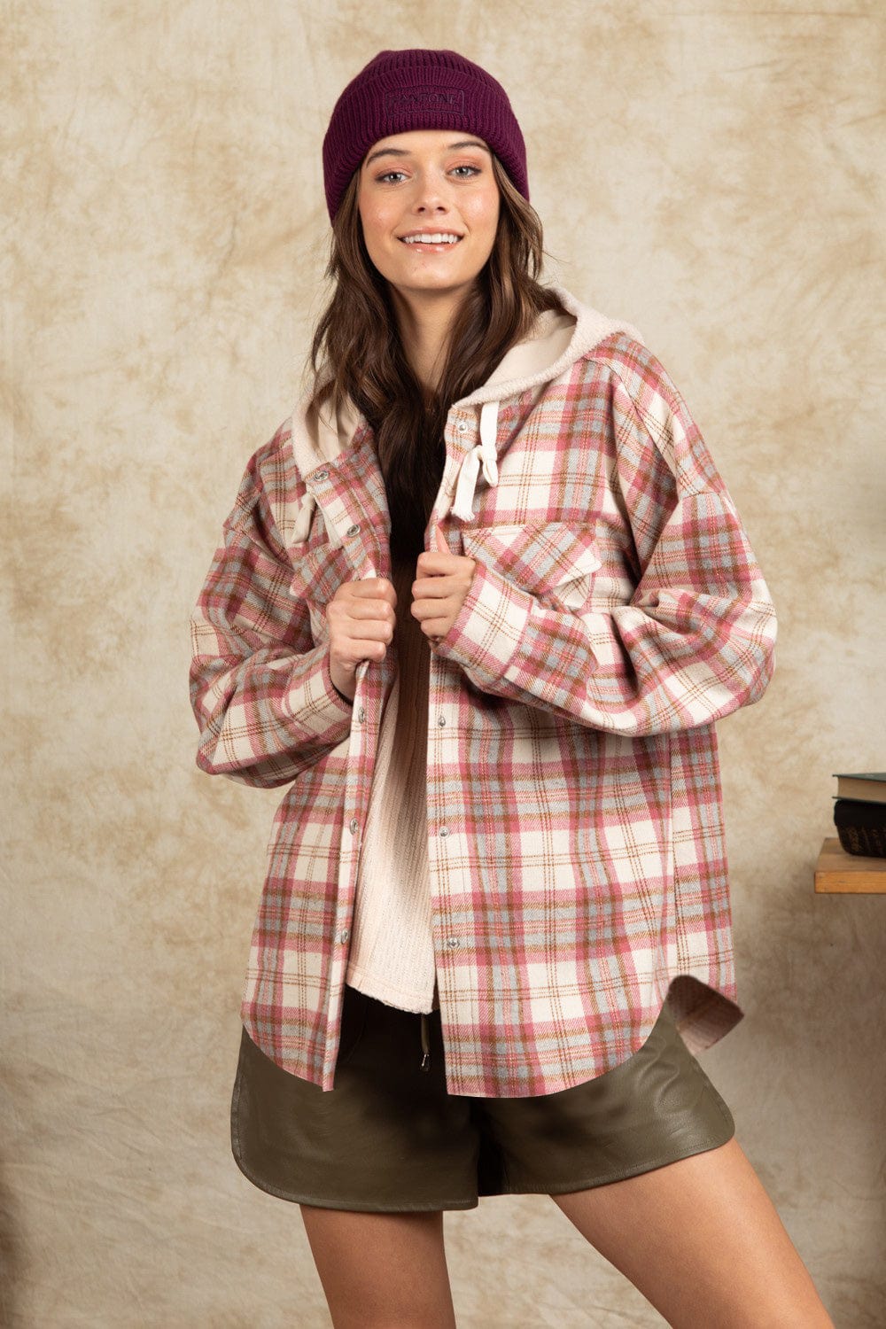 Drawstring Plaid Long Sleeve Hooded Jacket - Trendsi