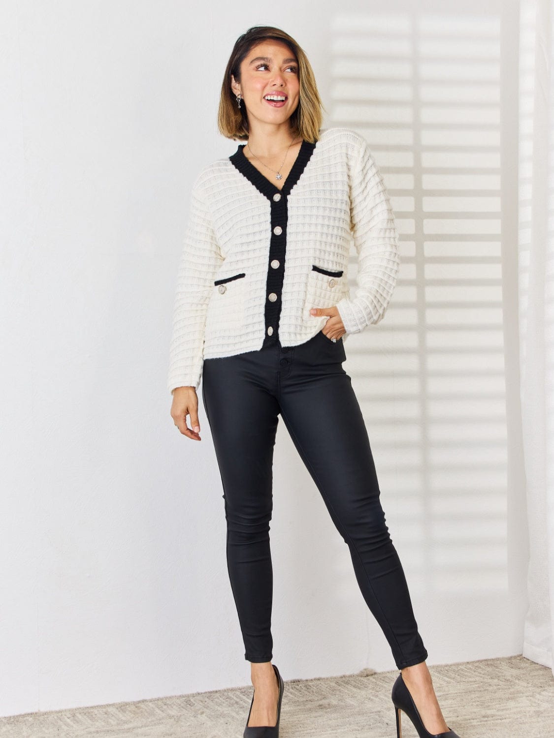 Contrast Trim Button Up Cardigan - Trendsi