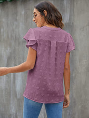 Swiss Dot Notched Flutter Sleeve Blouse Trendsi