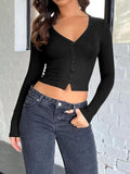 Buttoned V-Neck Long Sleeve T-Shirt - Trendsi