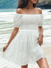 Smocked Eyelet Off-Shoulder Mini Dress - Flyclothing LLC