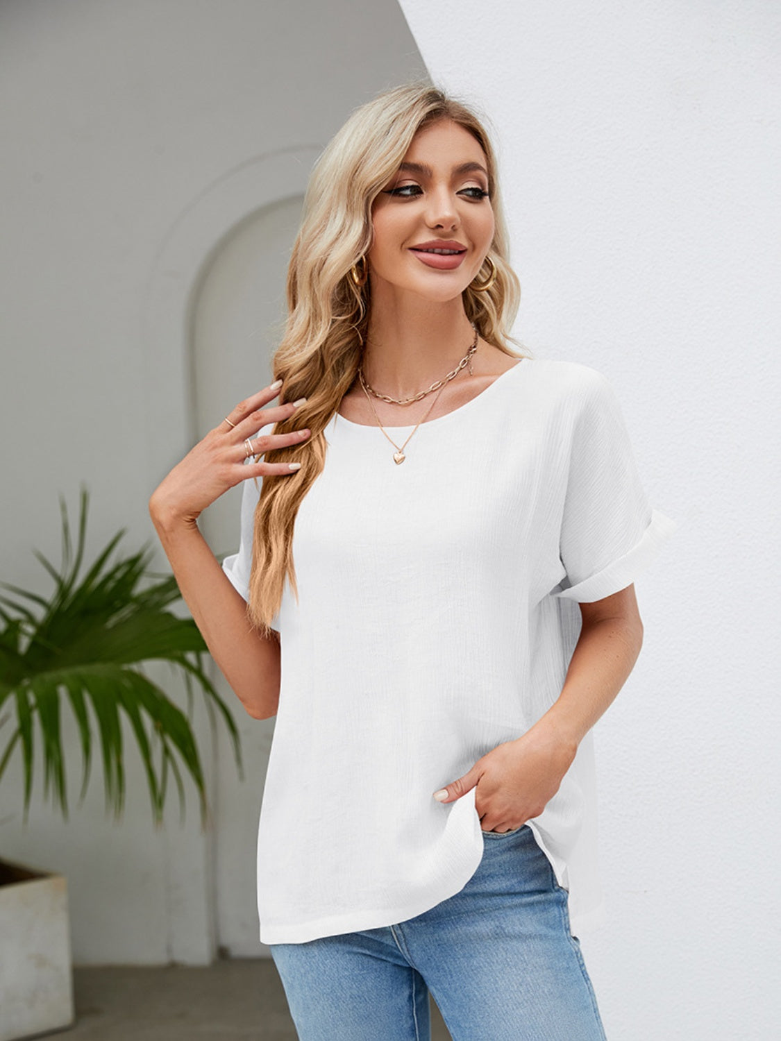 Round Neck Short Sleeve Blouse - Flyclothing LLC