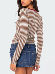 Buttoned Striped Long Sleeve T-Shirt - Trendsi