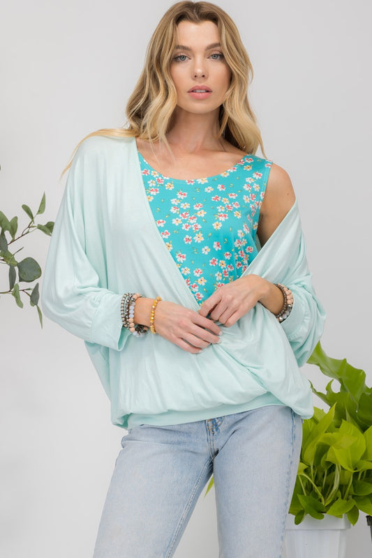 Celeste Full Size Floral Round Neck Top with Two Layer Detail - Trendsi