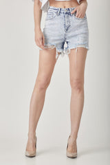 RISEN Raw Hem Distressed High Rise Denim Shorts - Trendsi