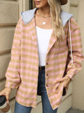 Drawstring Plaid Long Sleeve Hooded Jacket - Trendsi