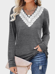 Lace Detail V-Neck Long Sleeve T-Shirt - Trendsi