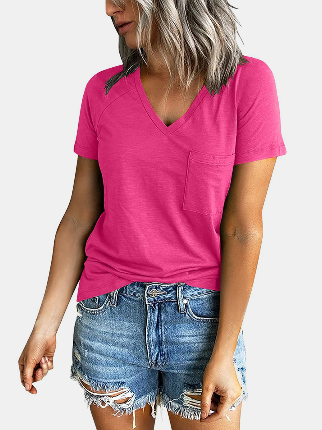 Pocketed V-Neck Short Sleeve T-Shirt