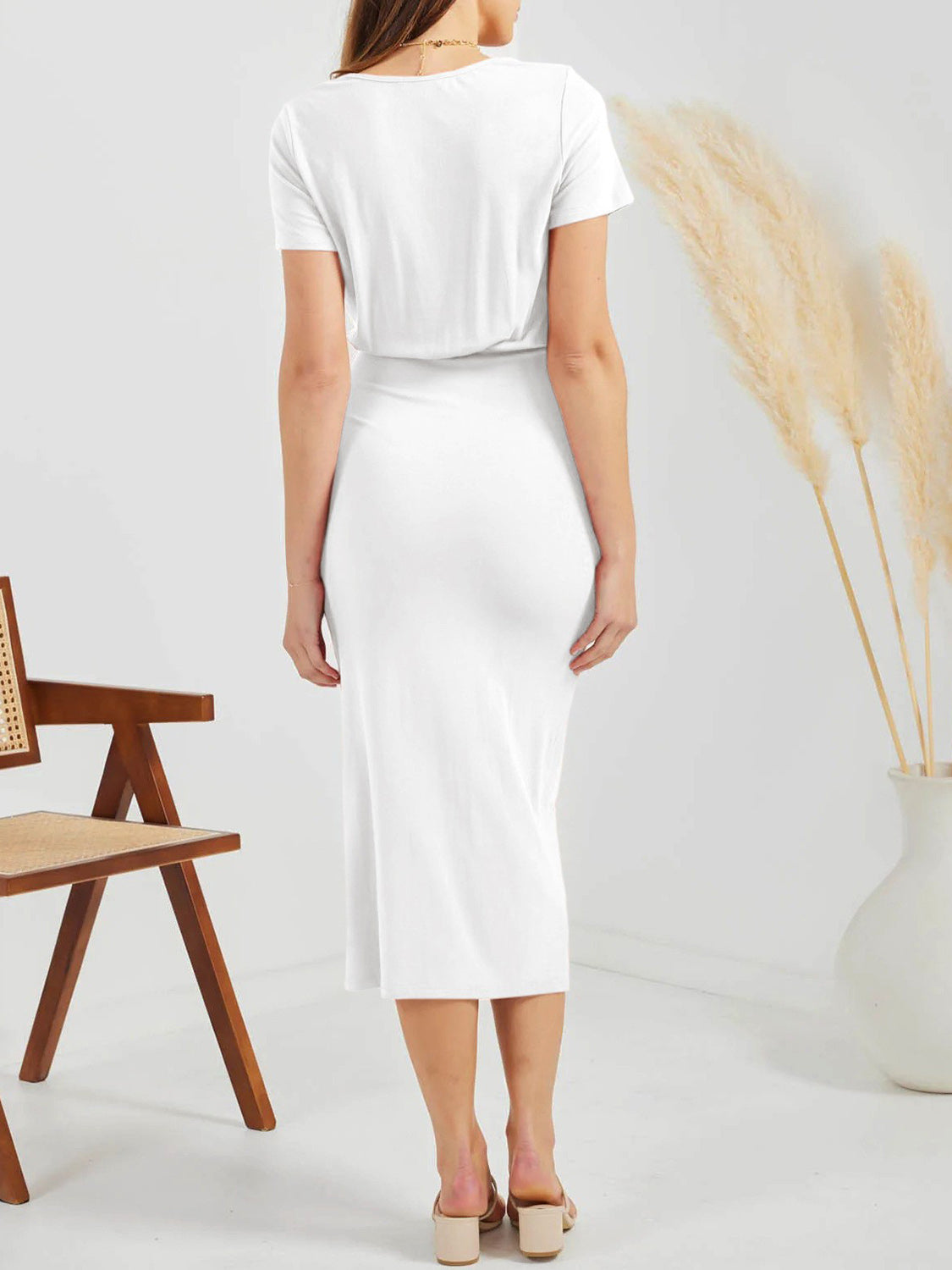 Ruched Slit V-Neck Short Sleeve Dress - Flyclothing LLC