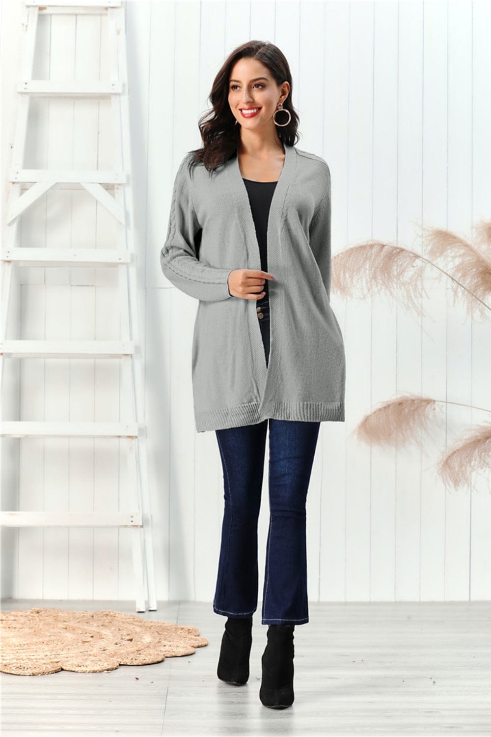 Cable-Knit Open Front Long Sleeve Cardigan - Trendsi