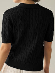 Cable-Knit Collared Neck Half Sleeve Sweater - Trendsi