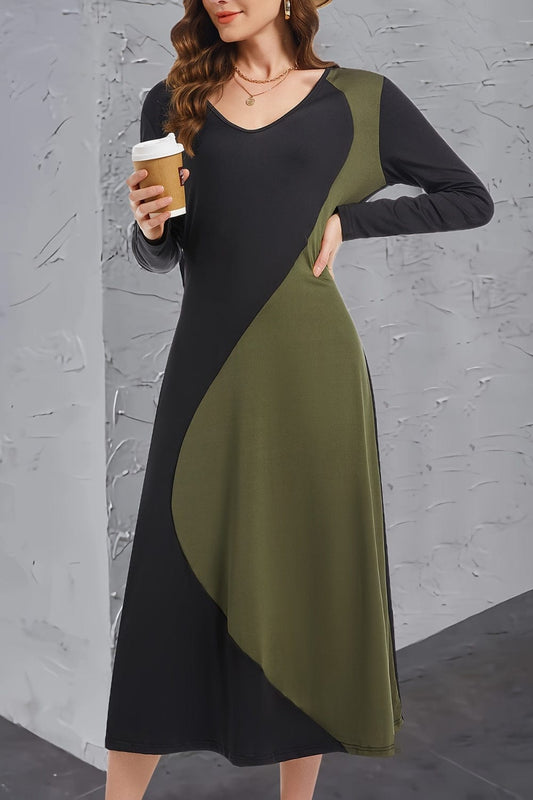 Contrast Long Sleeve Midi Dress - Trendsi