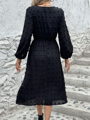 Full Size Swiss Dot V-Neck Long Sleeve Midi Dress - Trendsi