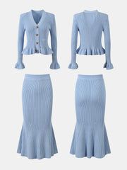 Ruffled V-Neck Top and Midi Skirt Sweater Set - Trendsi