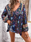 Printed Tie Neck Long Sleeve Blouse - Flyclothing LLC