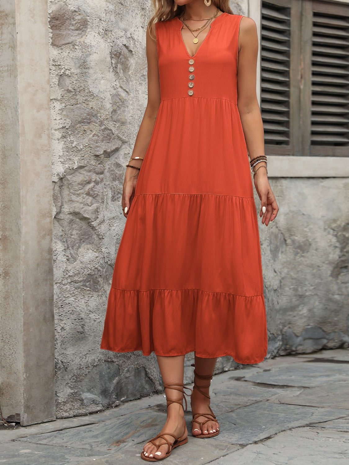 Decorative Button Notched Sleeveless Dress - Trendsi