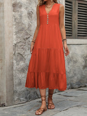 Decorative Button Notched Sleeveless Dress - Trendsi