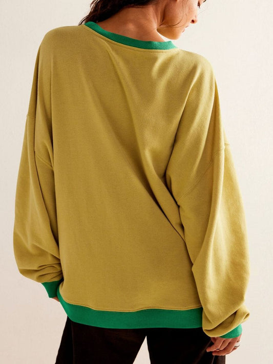 Contrast Trim Round Neck Long Sleeve Sweatshirt - Trendsi