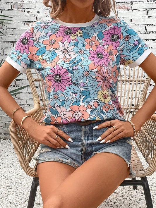 Floral Round Neck Short Sleeve T-Shirt - Trendsi