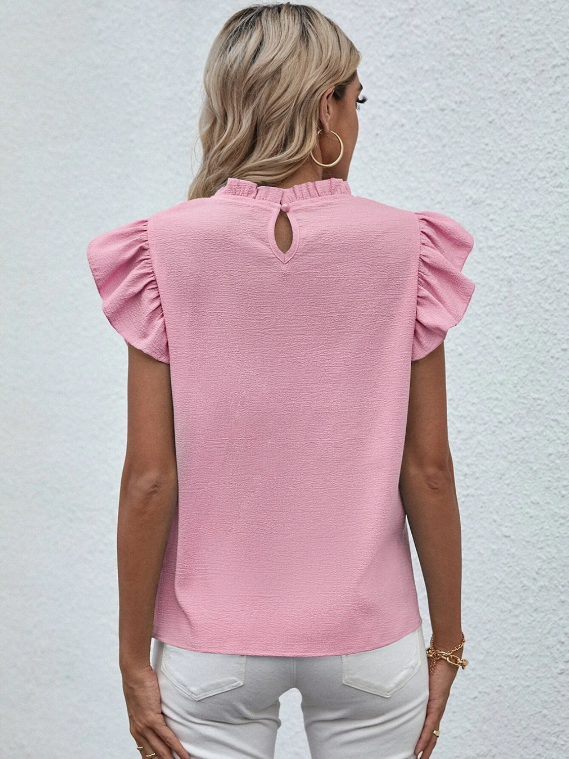 Mock Neck Ruffled Cap Sleeve Blouse - Flyclothing LLC