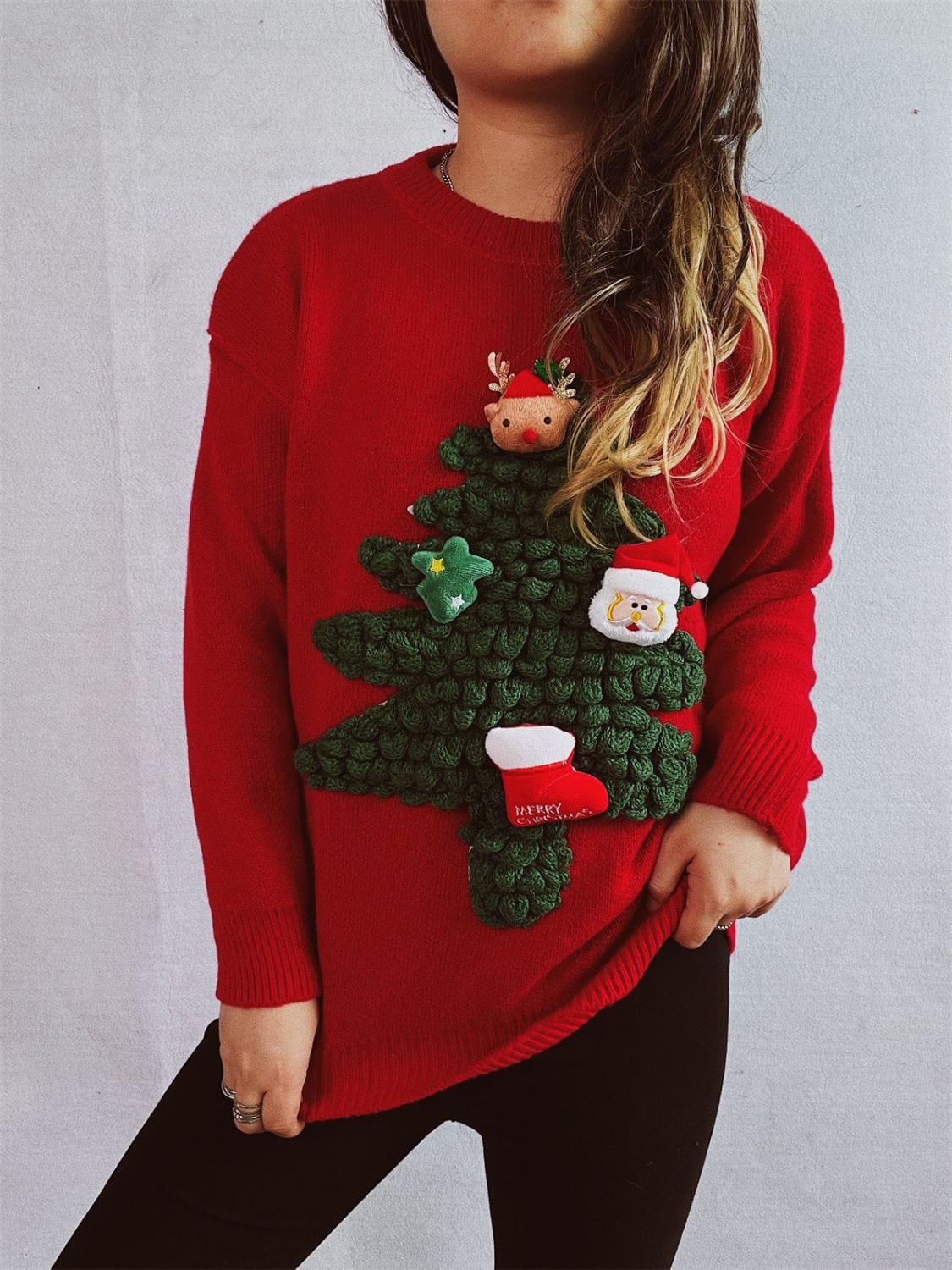 Christmas Tree Round Neck Long Sleeve Sweater - Trendsi